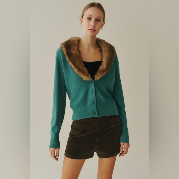 Cabi Teal Tearoom Faux Fur Collar Cardigan Sweater Size M - Picture 1 of 5